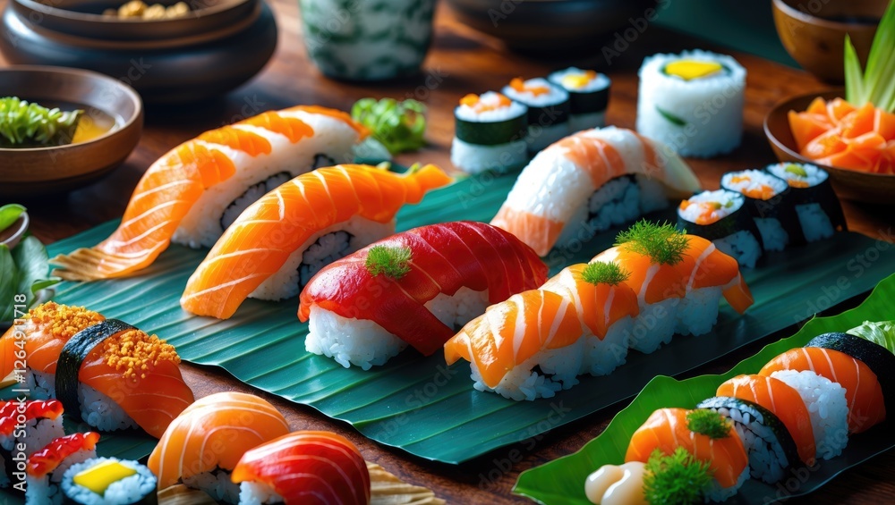 Poster assorted japanese sushi platter featuring various types of sushi such as nigiri and maki rolled on g