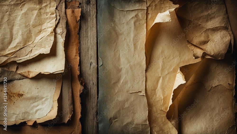 Poster Textured background of aged crumpled paper layers with warm lighting and wooden elements providing depth and contrast Copy Space