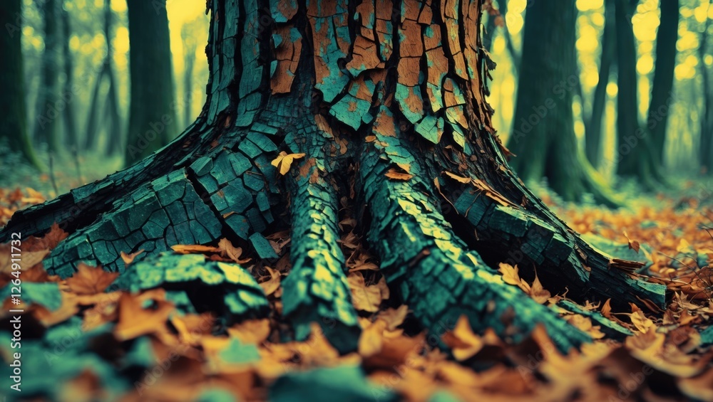 Poster Close-up view of tree roots with textured bark and fallen autumn leaves in a forest setting showcasing earthy tones and natural details Copy Space