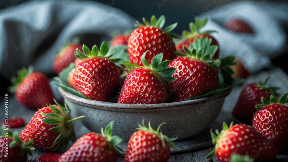Poster Fresh ripe strawberries in a rustic bowl with scattered berries on a wooden table and a soft textile background Copy Space