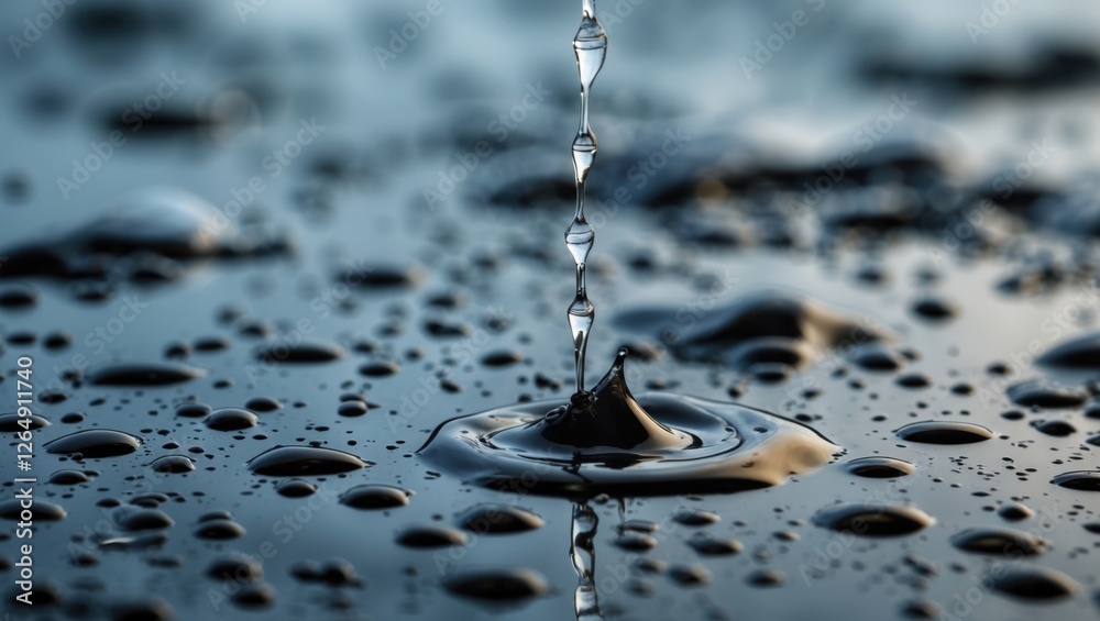 Poster Water droplets splashing on a surface creating concentric ripples with blurred background and reflections Copy Space
