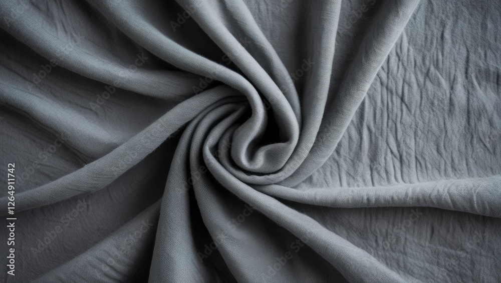 Aufkleber Gray fabric textile arranged in a swirling pattern on a flat surface with natural light highlighting its texture and folds Copy Space
