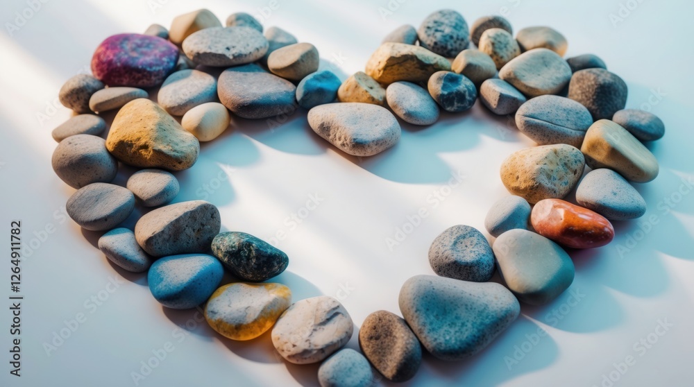 Aufkleber Heart shape composed of various smooth pebbles on a light background with soft shadows suitable for background or decorative purposes Copy Space