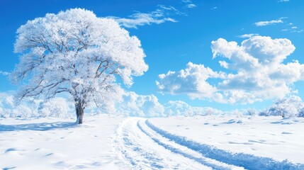 Obraz premium Snowy landscape with a tree, wide path, clear sky. Ideal for winter holidays, travel, or nature photography