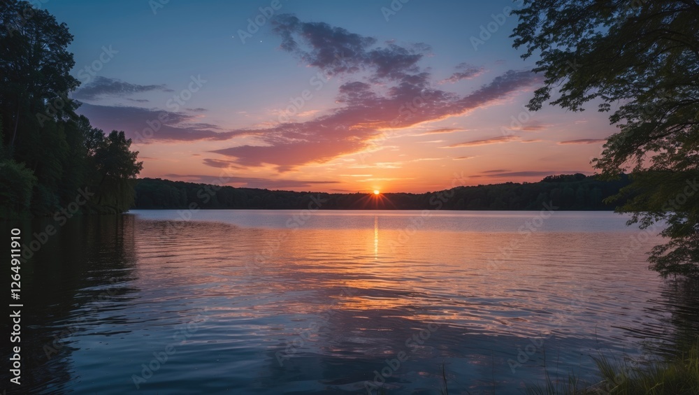 Poster Sunset reflection on calm lake water surrounded by trees with colorful sky and clouds over tranquil landscape Copy Space