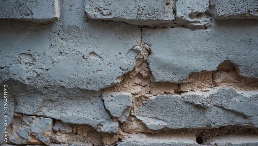 Poster textured surface of weathered blue brick wall with peeling paint and cracks, ideal for background or