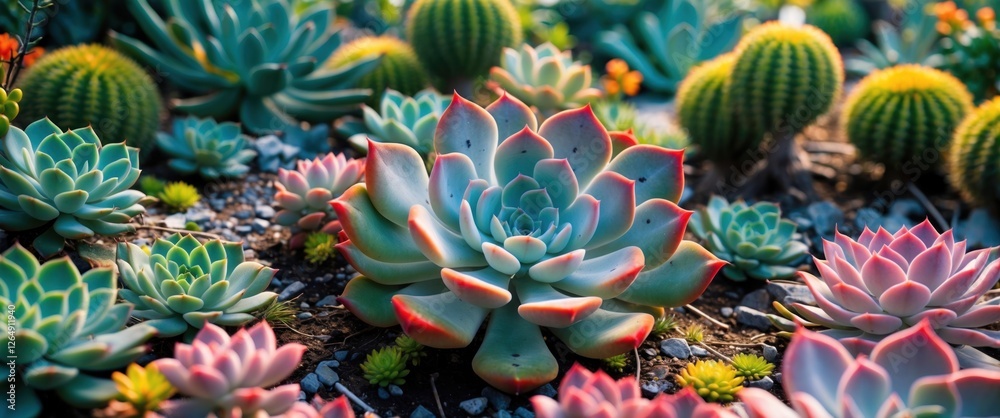 Poster colorful variety of succulents and cacti in a garden setting with vibrant details and textures copy 