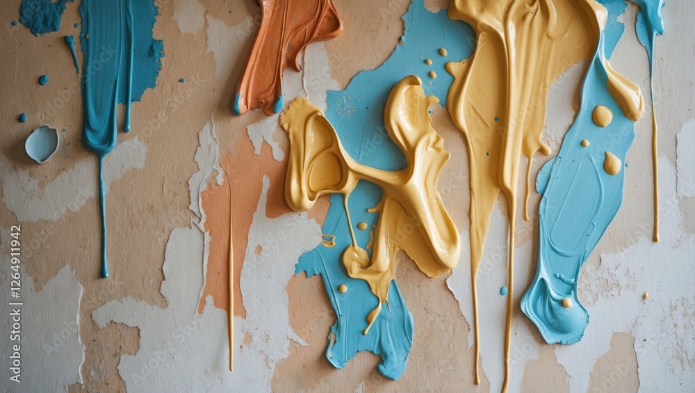Poster colorful paint drips and splatters on a textured wall surface with various shades of blue, yellow, a