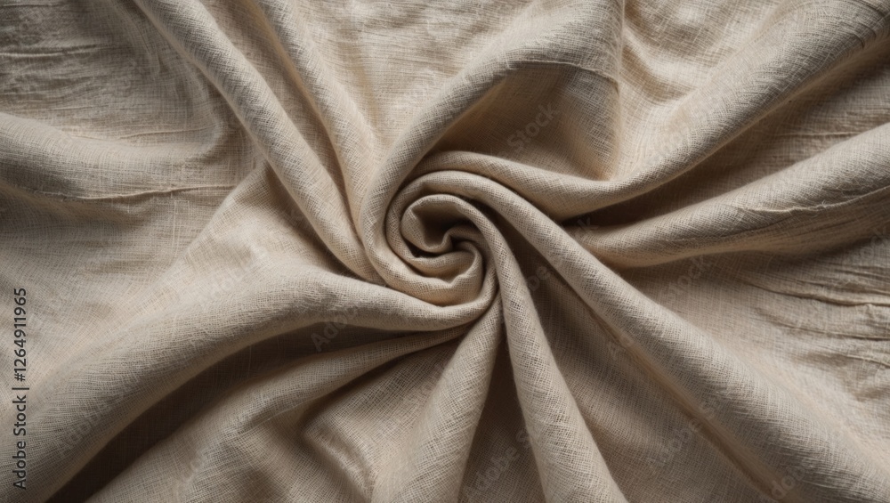 Aufkleber Beige textured fabric background in a swirling pattern with soft folds and wrinkles Copy Space
