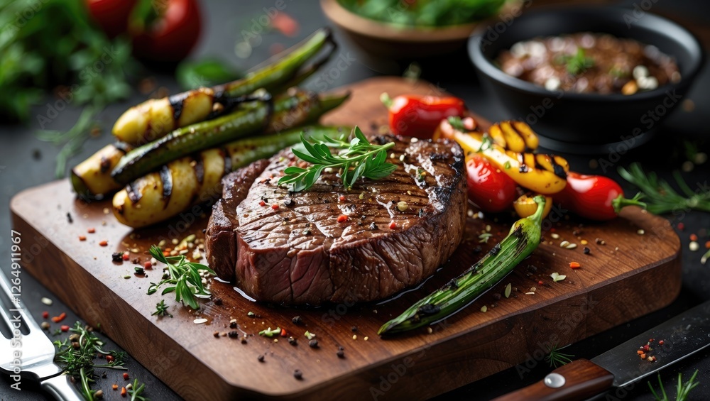 Poster grilled steak served with assorted colorful vegetables on a wooden cutting board with herbs and spic