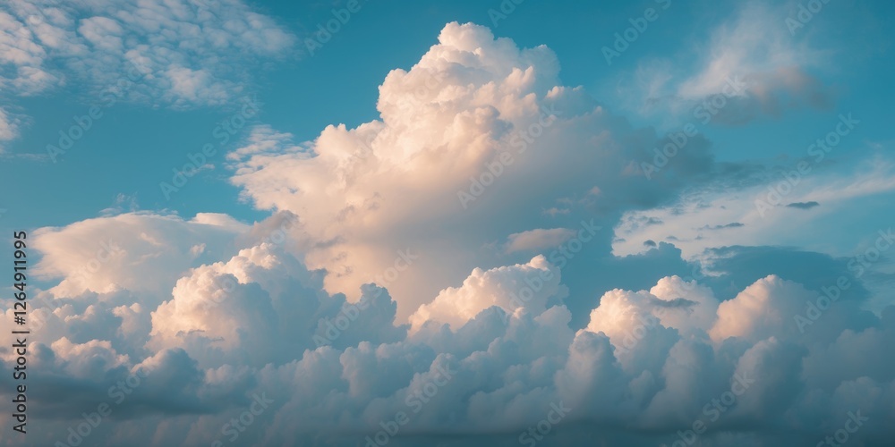 Poster fluffy white clouds in a clear blue sky during daytime with soft sunlight highlighting the cloud for