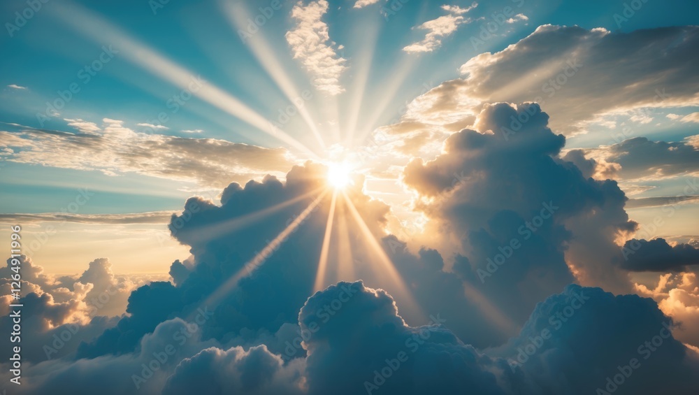 Poster dramatic sky with sunlight rays breaking through clouds at sunrise or sunset natural phenomenon with