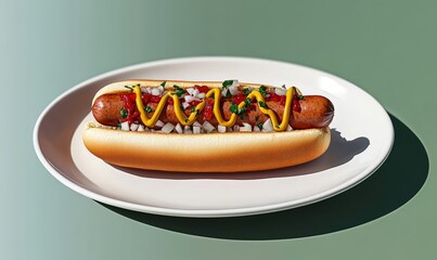 Enjoying a classic hot dog with mustard and toppings on a white plate