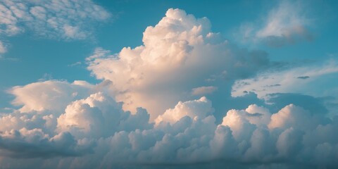 Fluffy white clouds in a clear blue sky during daytime with soft sunlight highlighting the cloud formations Copy Space