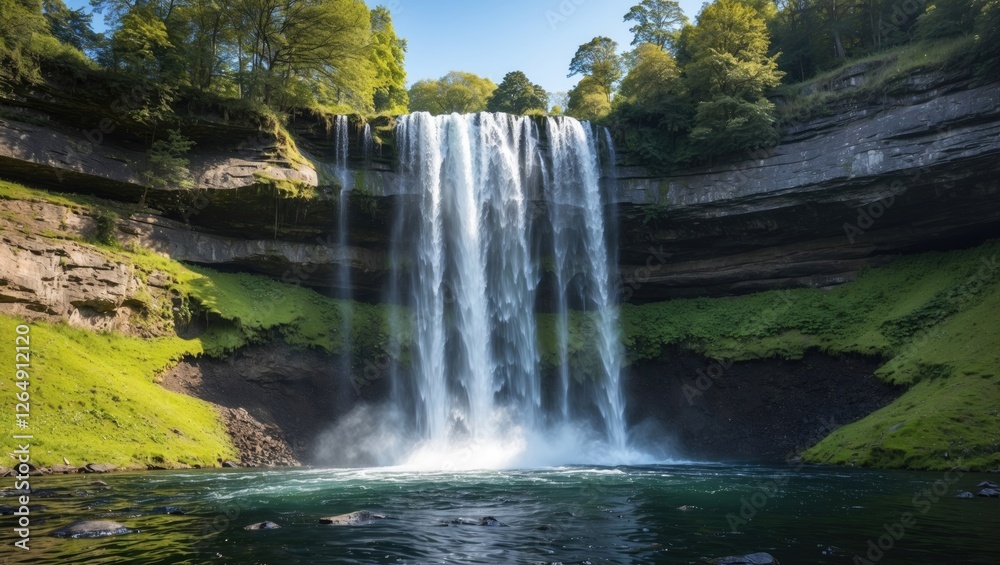 Poster majestic waterfall cascading over a rocky cliff into a serene pool surrounded by lush greenery and b