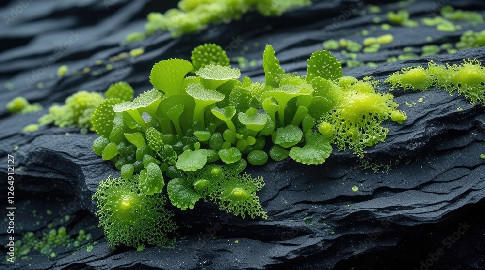 Poster close-up view of vibrant green moss and lichen growing on dark textured rock surface with natural li
