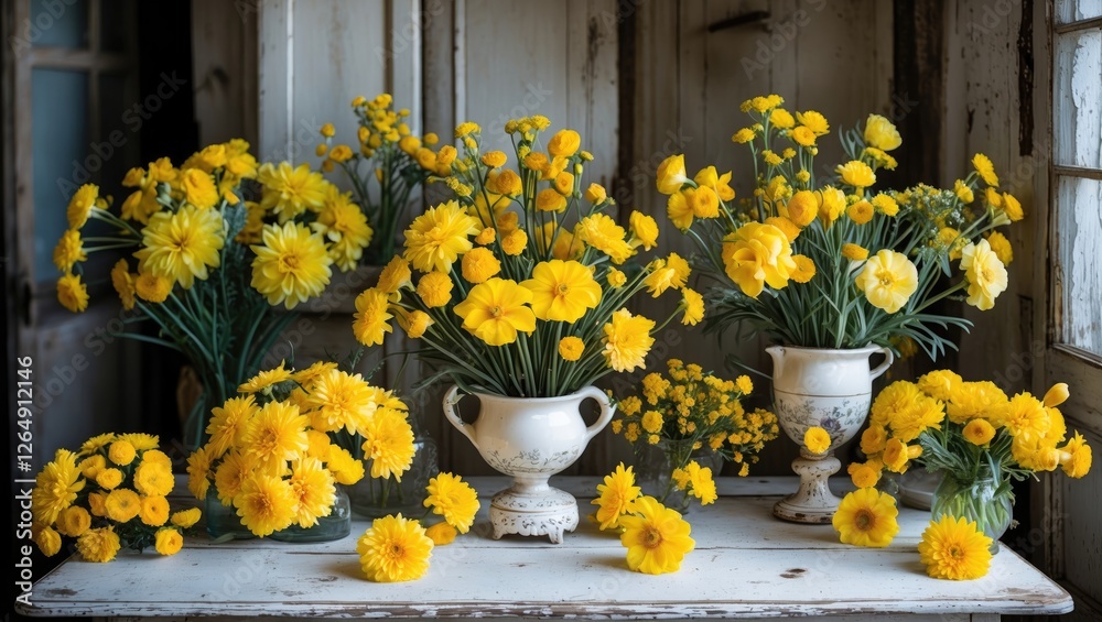 Poster vibrant yellow flowers in various vases arranged on a rustic wooden table in a warm indoor setting w