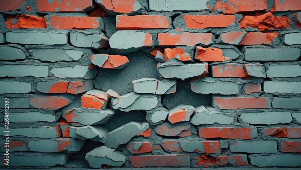 Poster Textured wall with cracked bricks showing partial absence of stones in a mix of grey and red colors with fine details and depth Copy Space