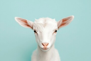 Fototapeta premium Portrait of a white goat with blue background. Livestock for farming photos