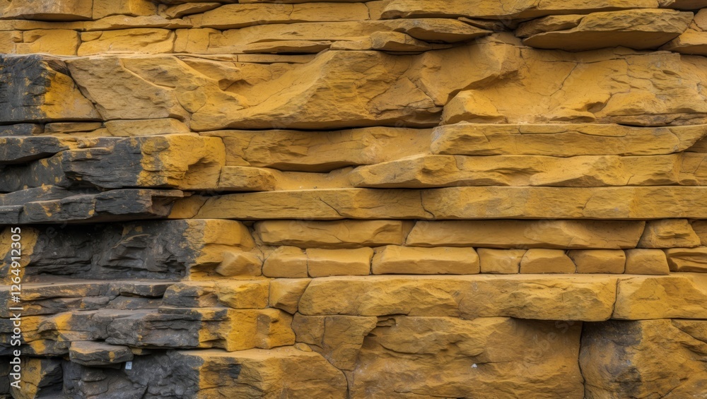 Poster textured layers of yellow and gray stone wall with intricate natural patterns and details for geolog