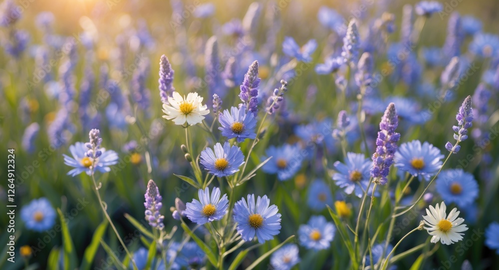 Aufkleber field of wildflowers in various shades of blue and white with sunlight creating a warm glow natural 