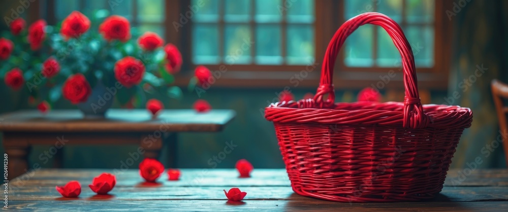 Poster red wicker basket on wooden table with scattered flower petals and a background of blooming roses in