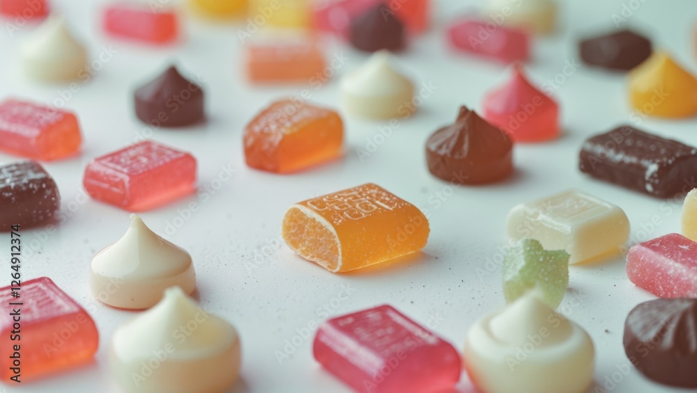 Poster Assorted colorful candies and gummies arranged on a flat surface with shallow depth of field and bright background Copy Space