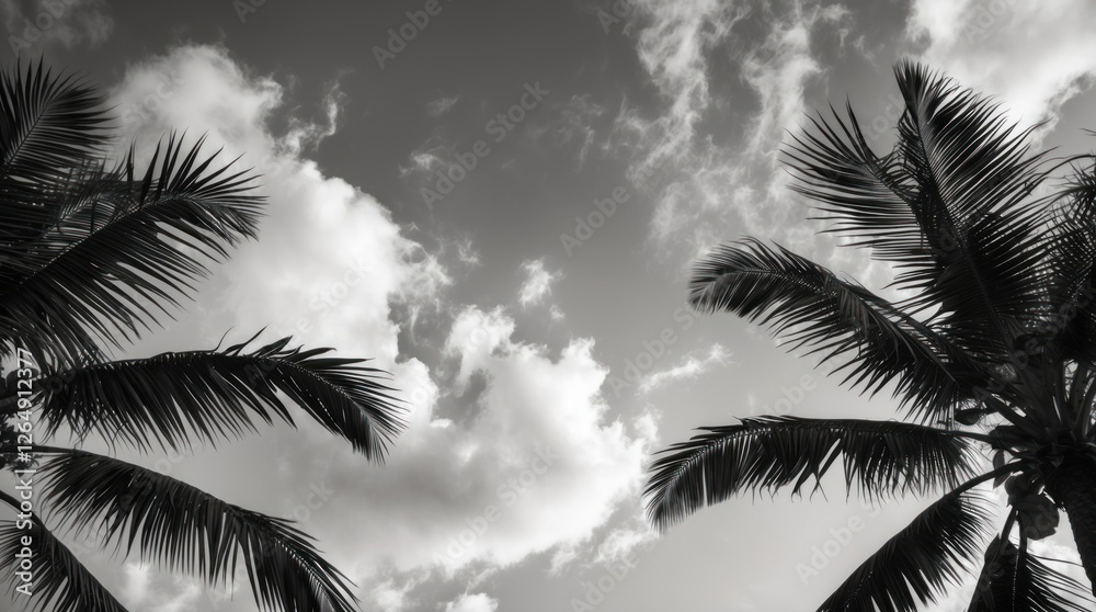 Poster black and white tropical palm trees silhouette against a cloudy sky with ample copy space for text