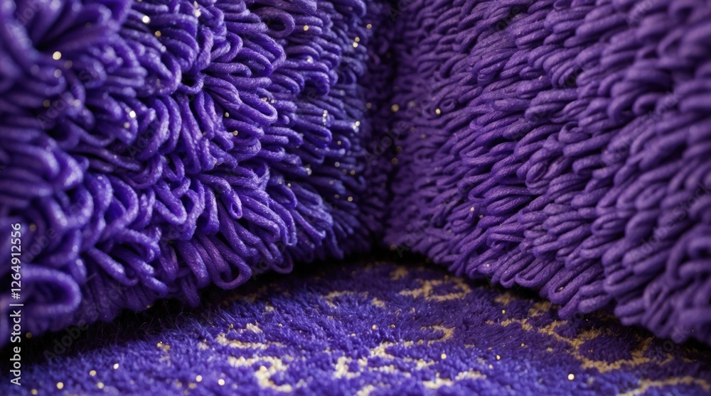 Aufkleber Close-up view of textured purple fabric corners with soft fibers and sparkles on patterned background. Copy Space