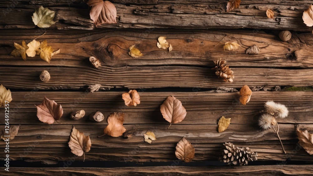 Poster autumn leaves and pine cones arranged on rustic wooden background with natural textures and colors c