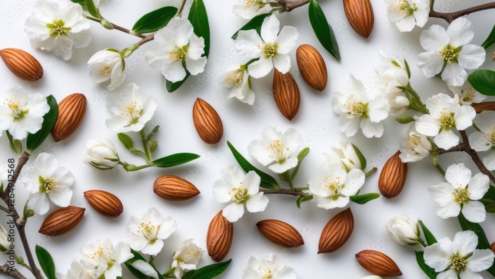 Aufkleber Almond blossoms and nuts arranged on white background with leaves and copy space for text. Flat lay composition of spring elements.