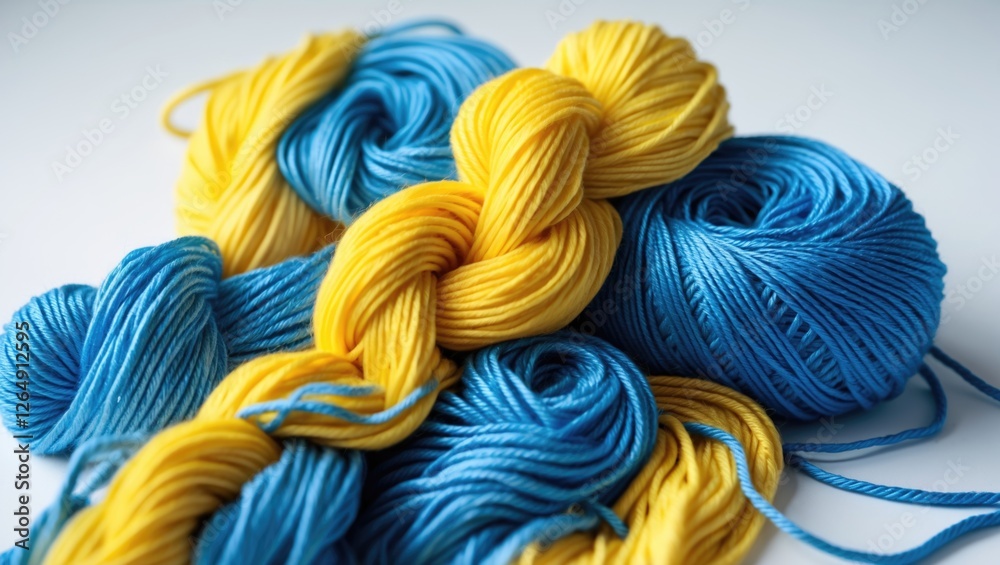 Poster blue and yellow yarn skeins arranged artistically on a white background with ample copy space for te