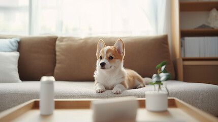 An adorable corgi sitting on a sofa in a cozy living room with modern interior design.