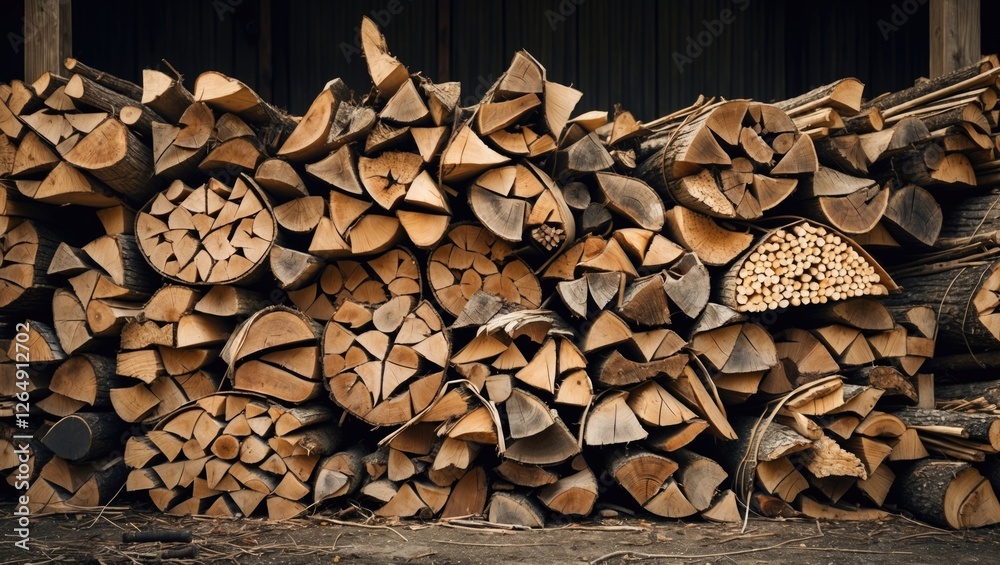 Aufkleber Stacked firewood logs cut in various sizes and shapes natural wood background with texture and patterns suitable for rustic themes