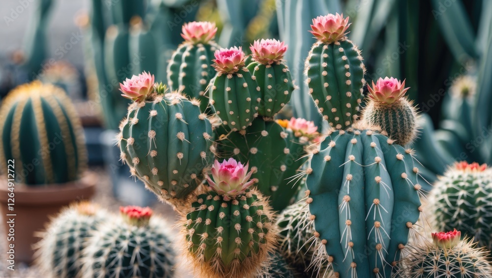 Aufkleber cacti with pink flowers in a desert garden setting showcasing different cactus species with blurred 