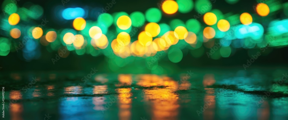 Poster colorful bokeh lights with reflections on a wet surface at night in shades of green and orange with 