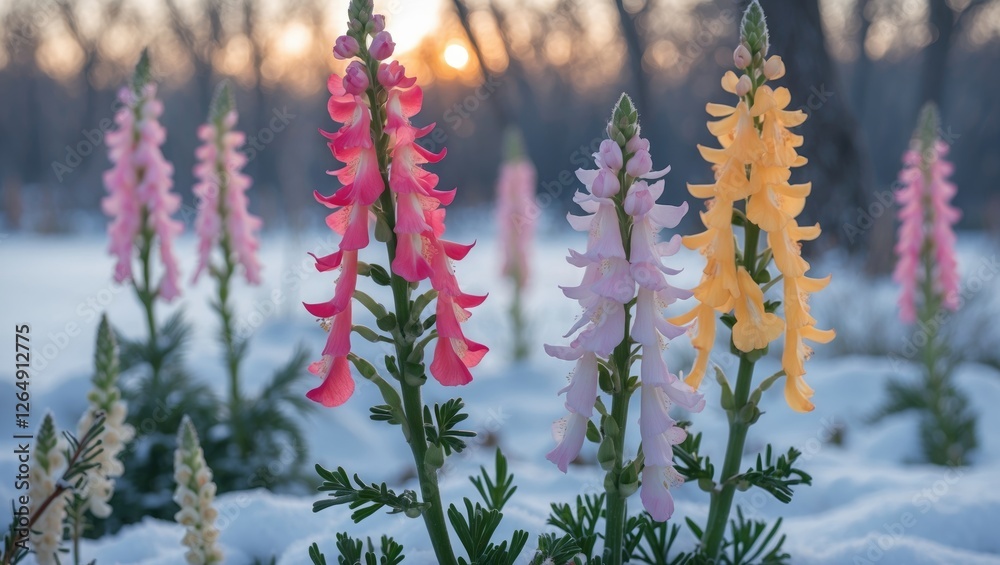 Poster colorful wildflowers blooming in snow with soft sunset background and blurred trees creating a natur