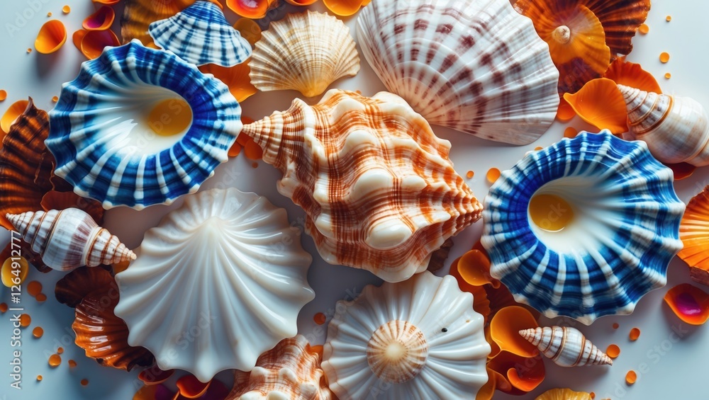 Poster colorful sea shells and marine debris on a flat surface with diverse textures and patterns copy spac