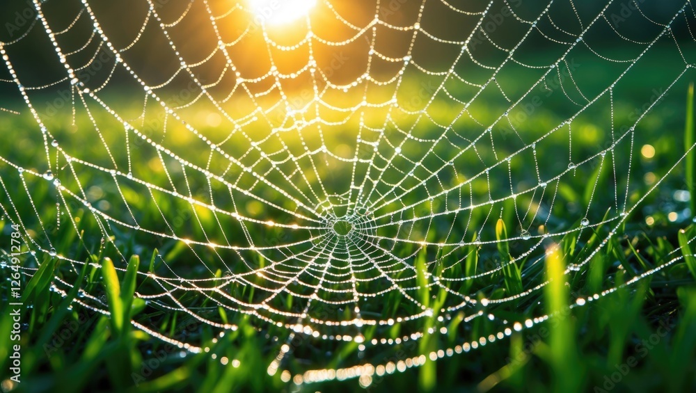 Poster morning dew on a spider web with sunlight shining through grass in a natural setting copy space