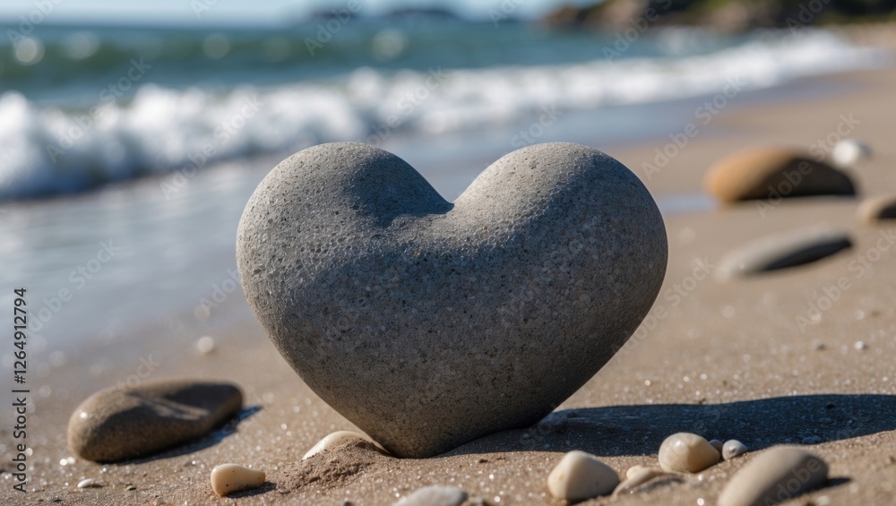 Aufkleber Heart-shaped stone on the beach with gentle waves in the background and small pebbles in the foreground Copy Space