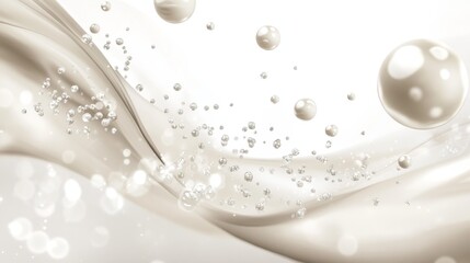 Abstract beige soft spheres and pearls flying in an arc, creating a beautiful pearl wave. Light, airy design with modern elegance, set against a clean white background.