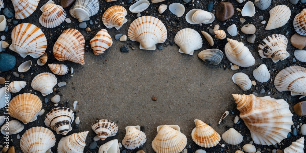 Aufkleber Assorted seashells arranged in a circular pattern on sandy beach background with empty space in the center for text or design placement