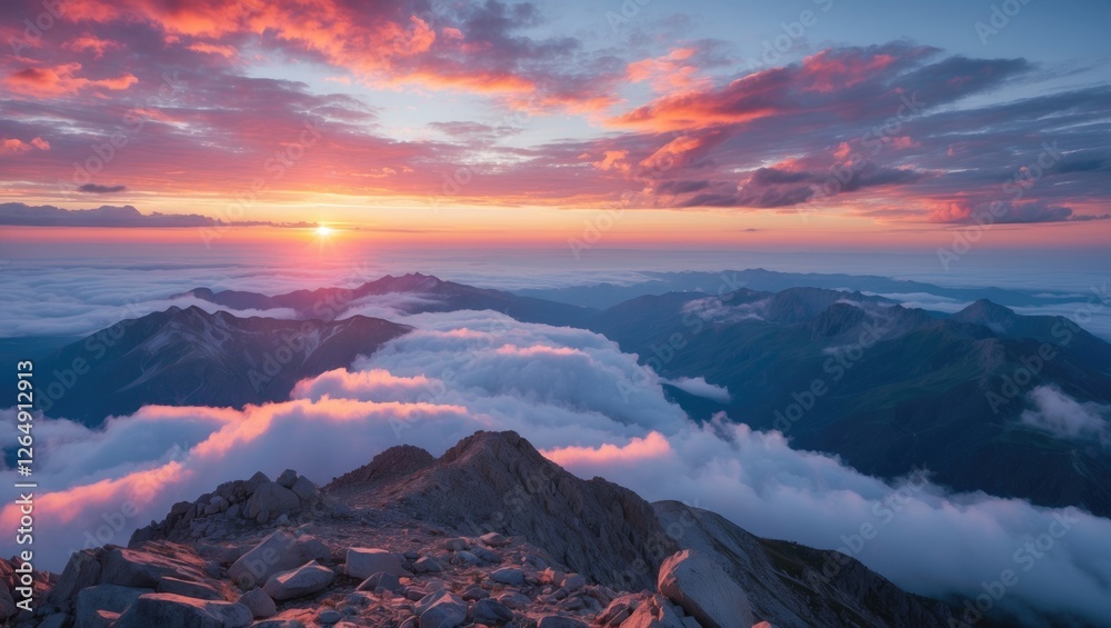 Poster mountain landscape under sunset with clouds covering valleys and peaks in the background showcasing 