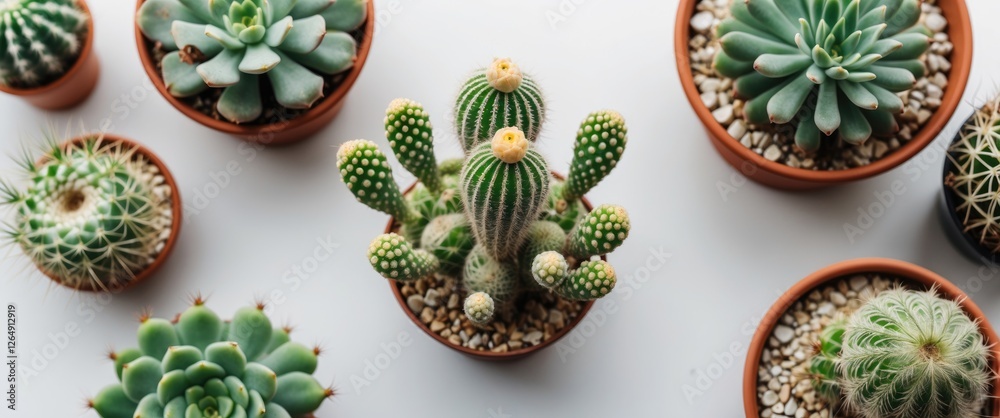 Poster potted cacti and succulents arranged on a white surface with decorative pebbles in terracotta pots c