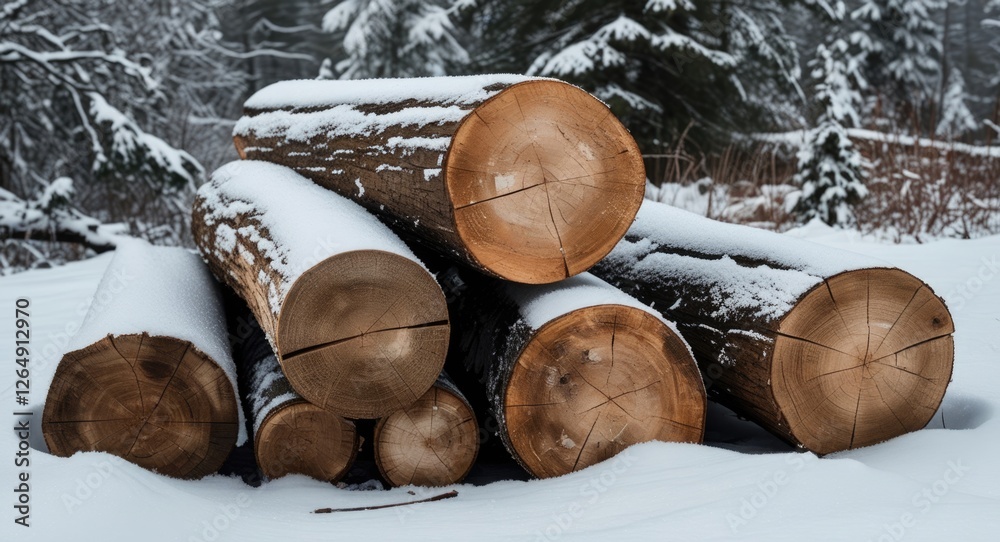 Poster wooden logs covered in snow stacked in a winter landscape with snow-covered trees in the background 