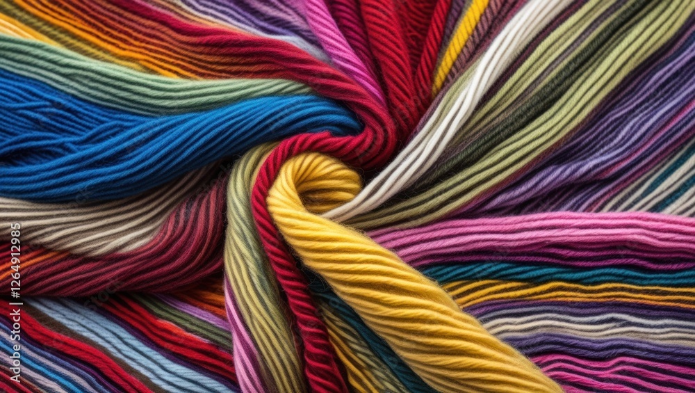 Poster colorful twisted yarn skeins in a spiral arrangement with various shades and textures suitable for t