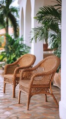 Fototapeta premium Elegant Wicker Chairs on a Tropical Patio