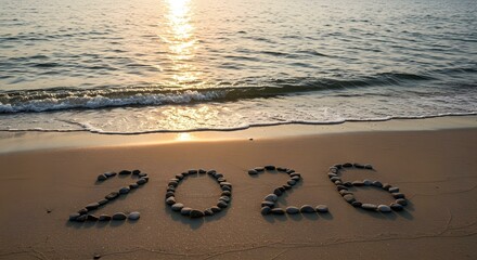 2026 written in pebbles on a sandy beach