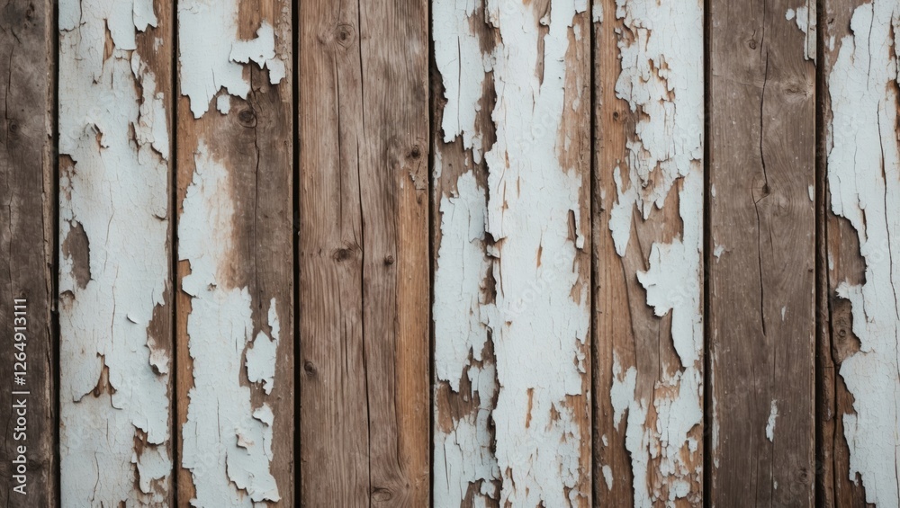 Poster weathered wooden planks with peeling white paint in a vertical arrangement suitable for background u
