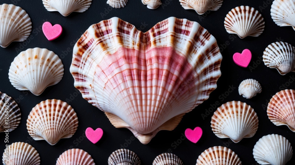 Poster colorful seashells arranged with a heart-shaped shell in the center alongside pink decorative hearts